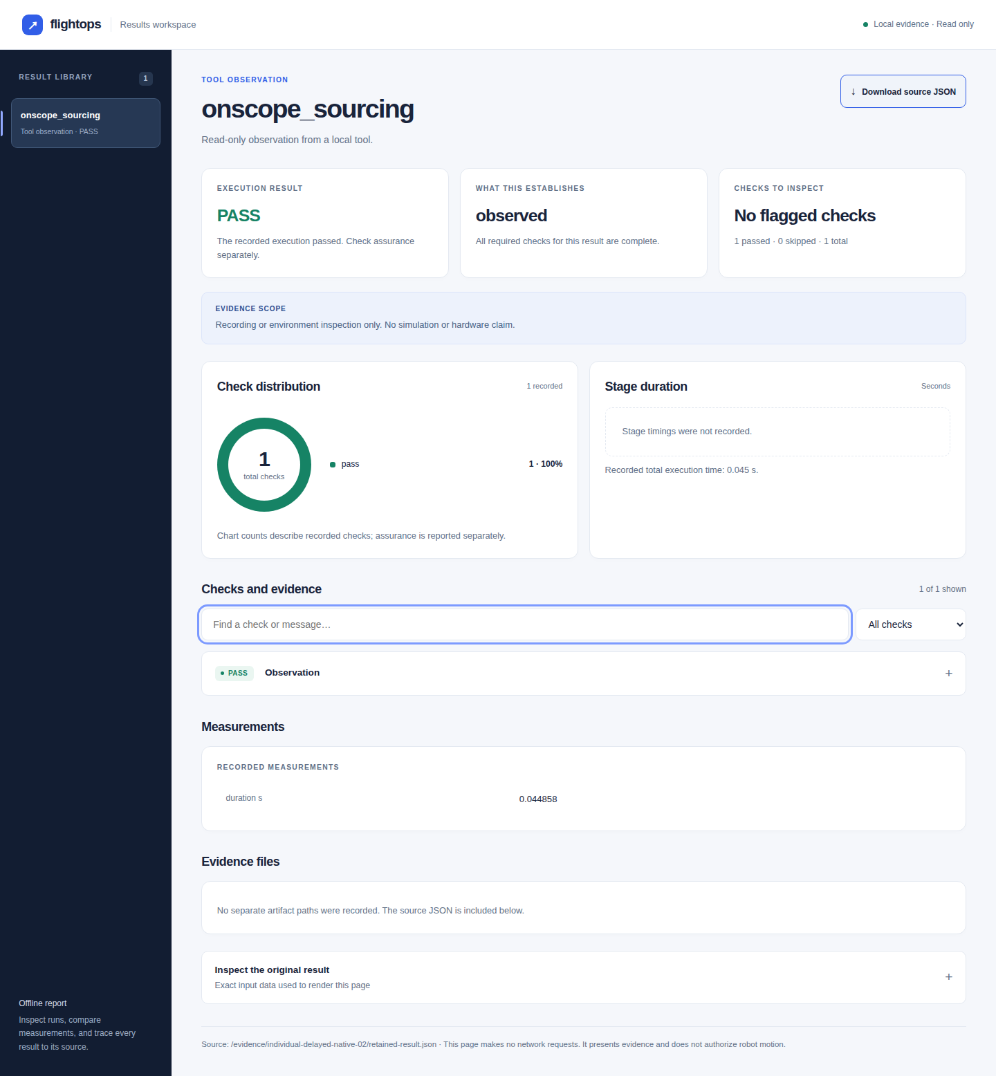 FlightOps results report: execution result, what the result establishes, evidence scope, checks and a button to download the source JSON.